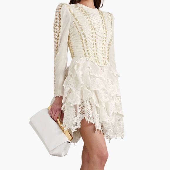 ZIMMERMANN Ruffled lace-paneled embellished linen / silk-blend mini dress Ivory